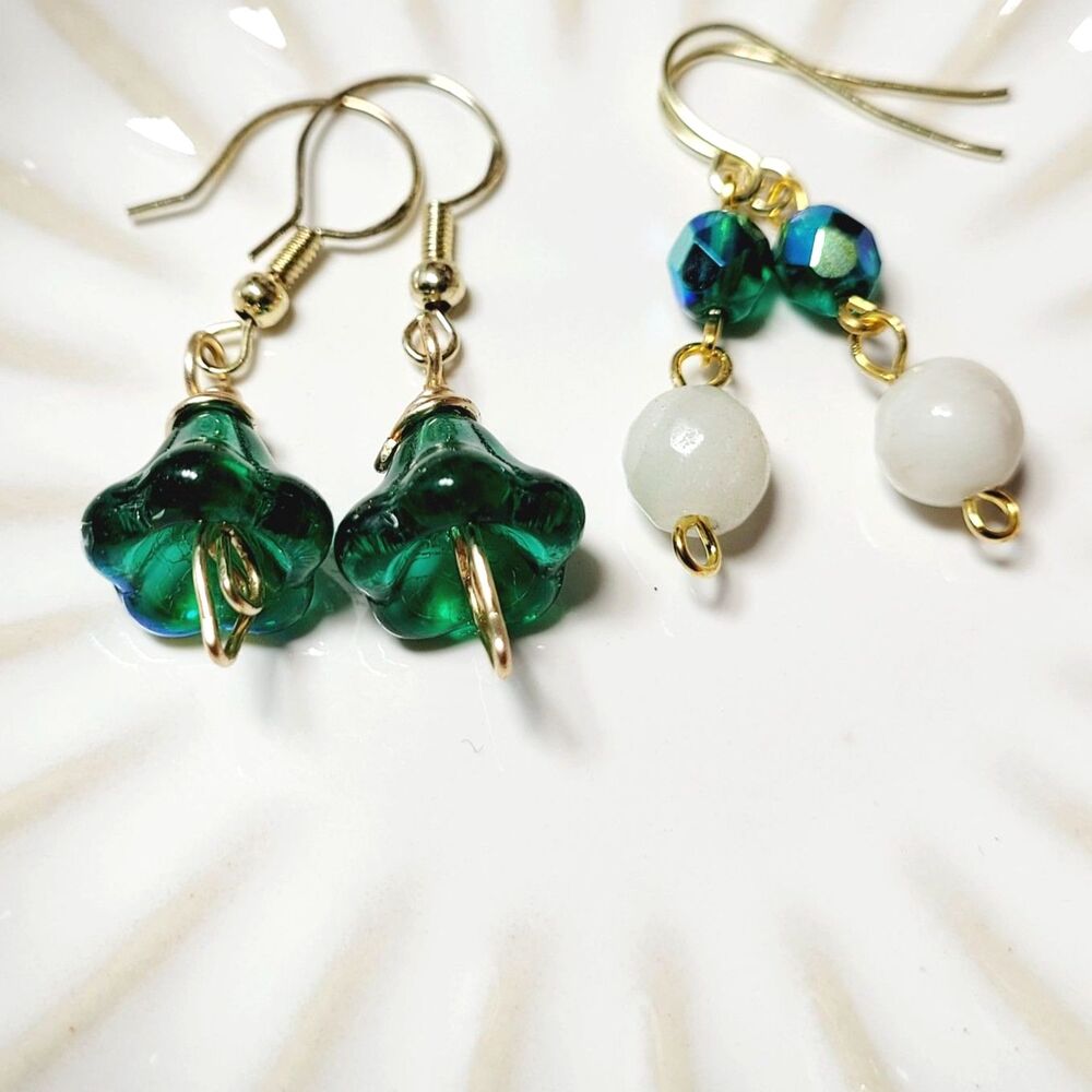 Amazonite Green Glass Goldplate 925 Silver Hooks Hidden Meaning earrings 660■